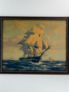 Antique Framed Gordon Grant 1927 Lithograph Print USS Constitution Old Ironsides